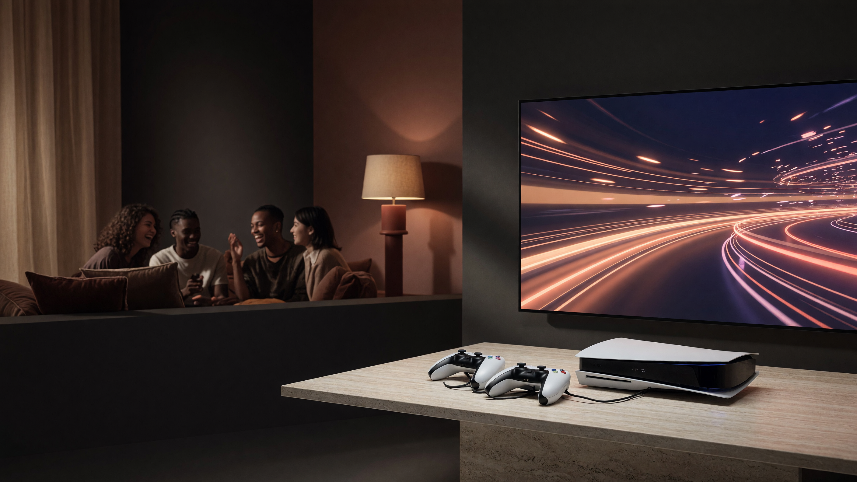 A premium gaming console and controllers ready for a game night